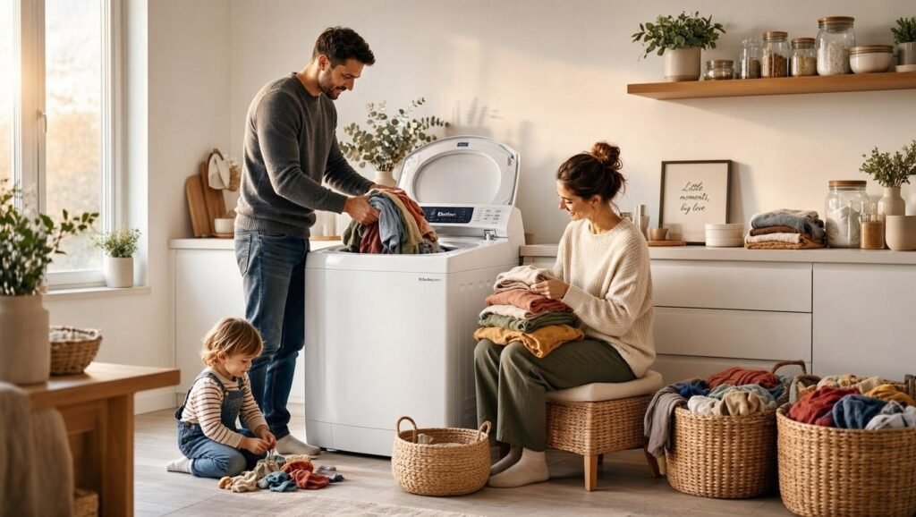 Máquina de Lavar Electrolux 11kg Essential Care LES11 sendo utilizada por família pequena no dia a dia