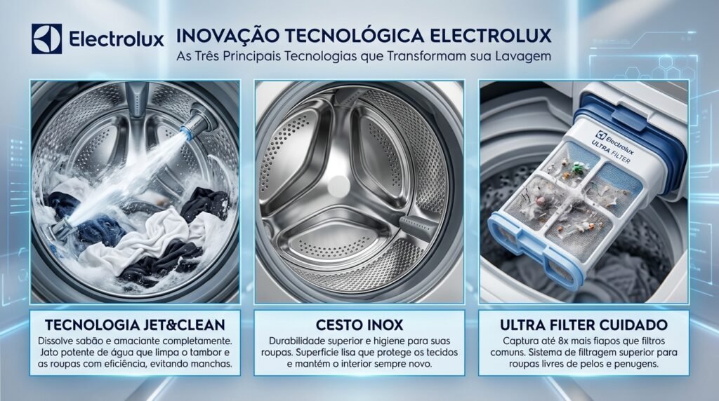 Tecnologias Jet&Clean, Cesto Inox e Ultra Filter das Máquinas de Lavar Electrolux